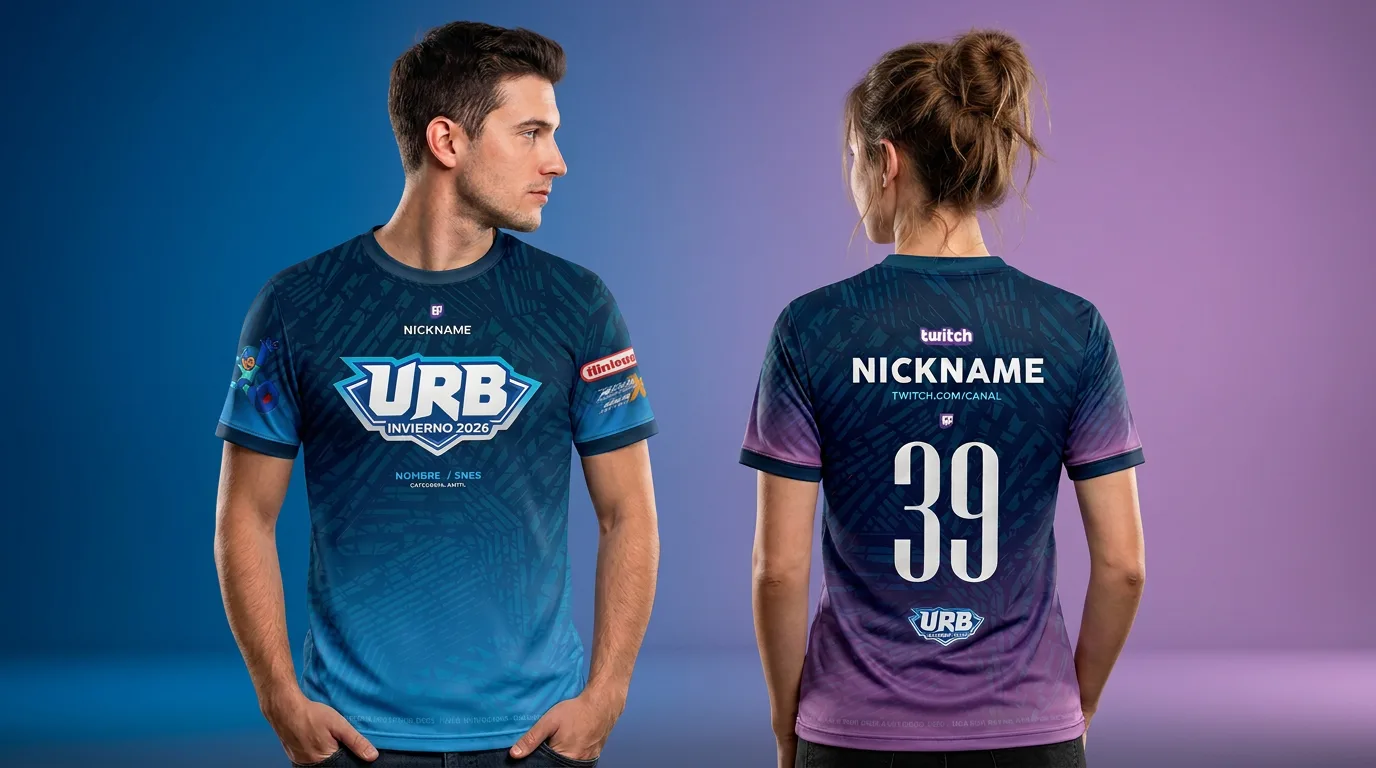 Modelos vistiendo la polera oficial URB Invierno 2026, vista de frente en azul y espalda en degradado a rosado con nickname y número.