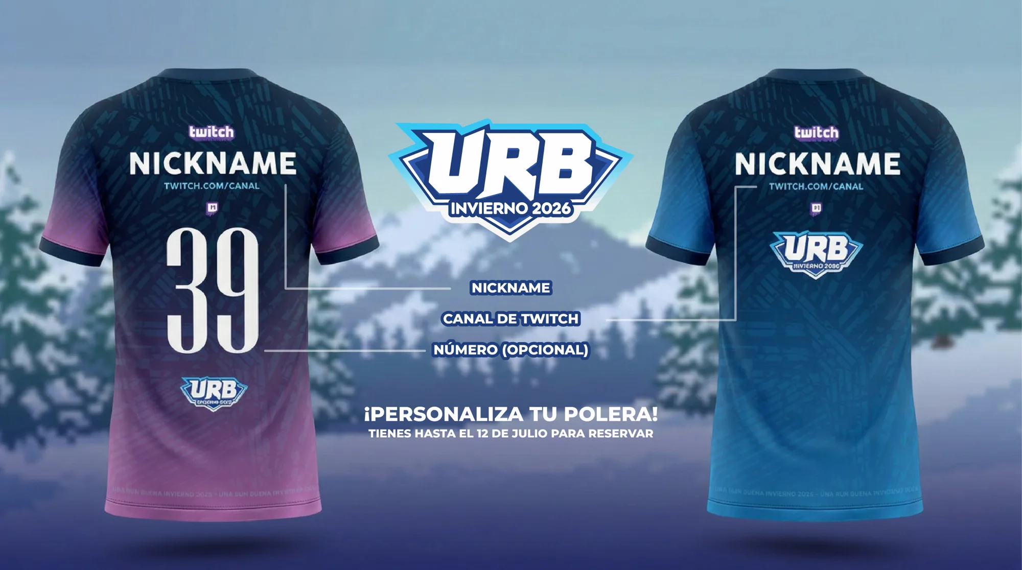 Espalda de la polera con nickname, canal de Twitch y número opcional, en azul y rosado.